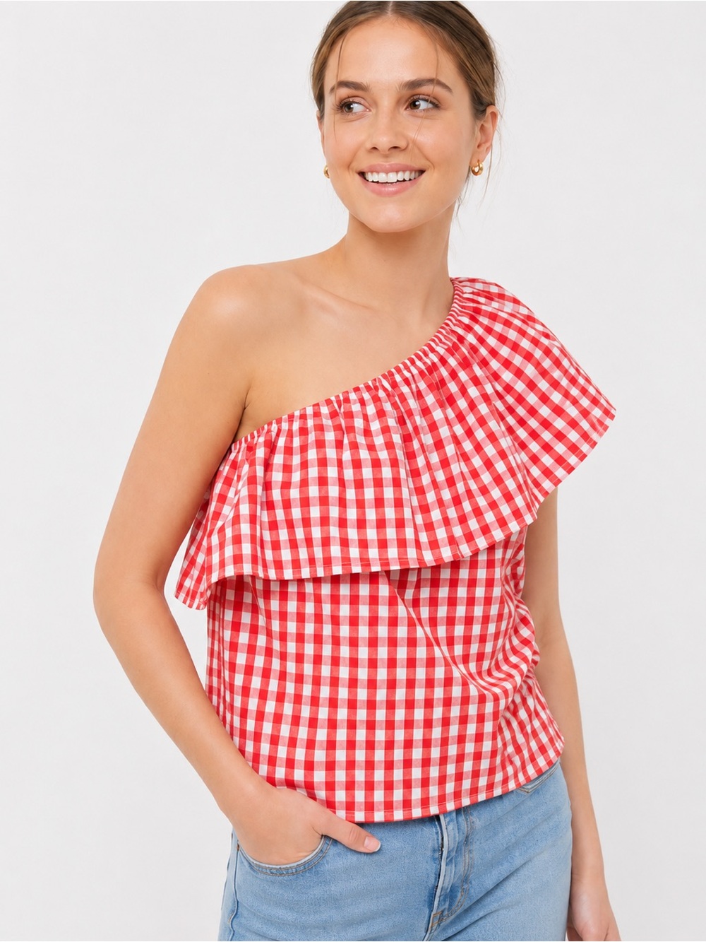 J.Crew Factory NWT Red Gingham One Shoulder Ruffle Top Size 4 AZ102